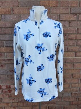 NWT Lands' End White Half-Zip Fleece Pullover with Blue Floral Print